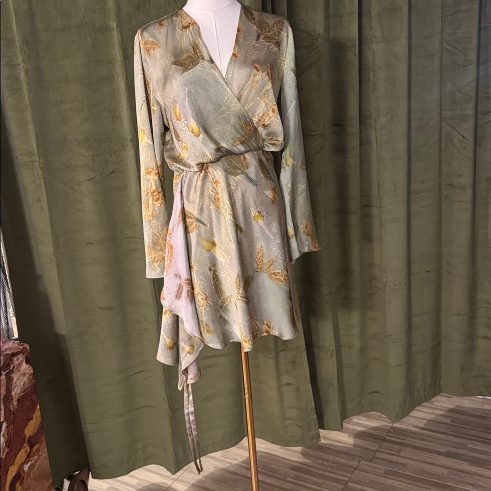 Zara Satin Mini Dress in Sage Green with Gold Floral - Picture 6 of 10